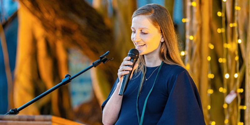 Rebecca Espitalier-Noël giving a speech at opening ceremony at HEI Schools Mauritius
